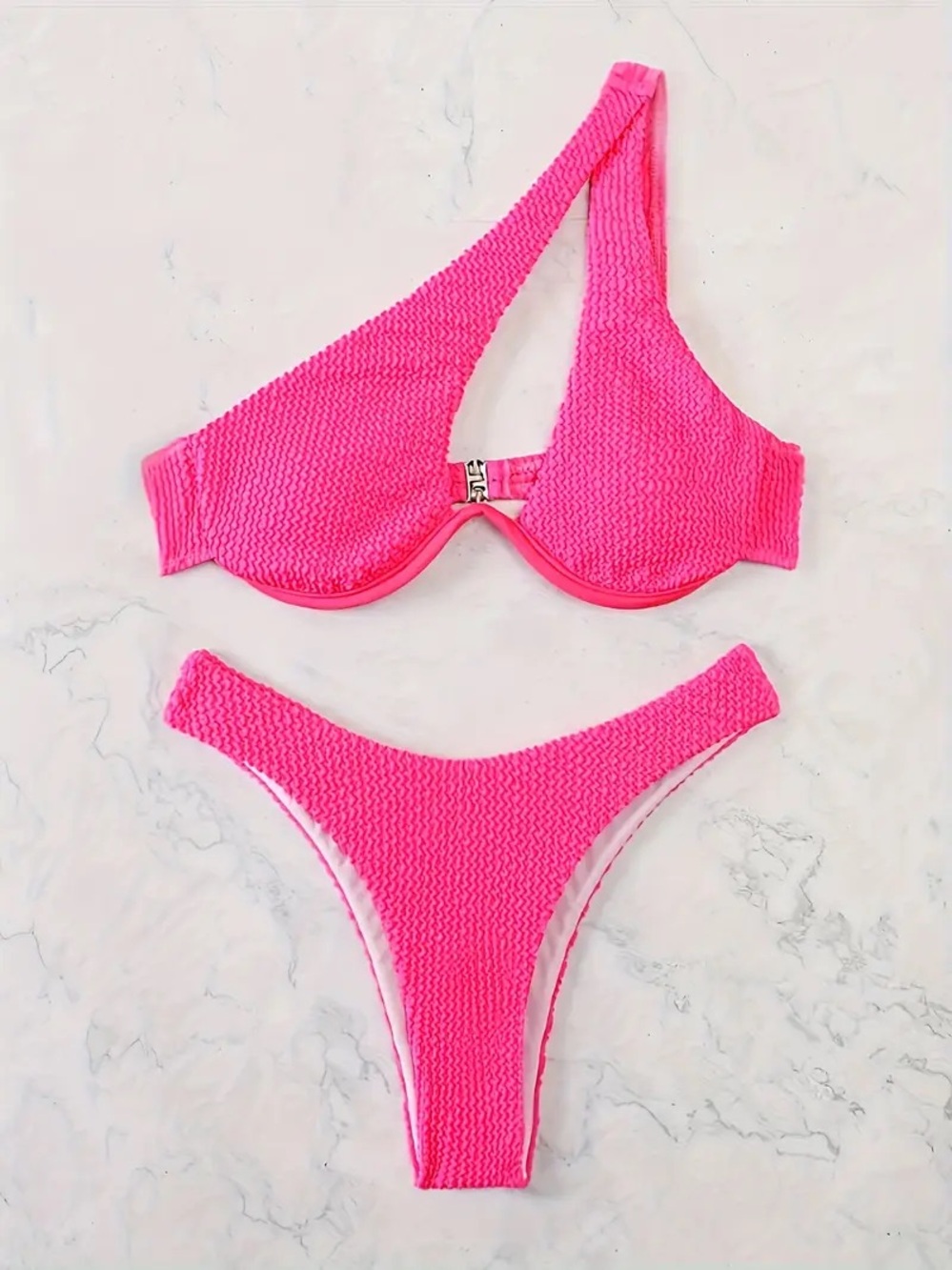 Women’s One-Shoulder Textured Bikini Set - Hot Pink